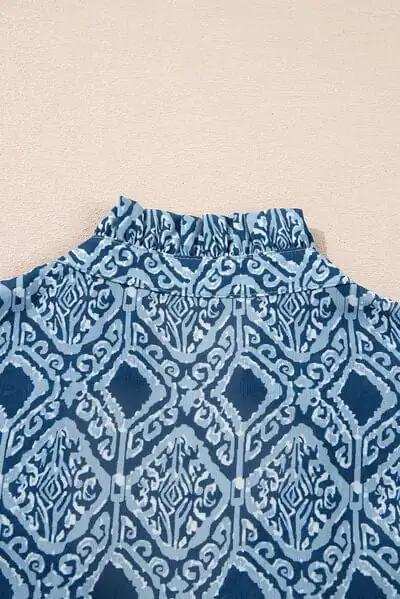 Geometric Print Frilled Notched Blouse - Trendsi - Flyclothing LLC