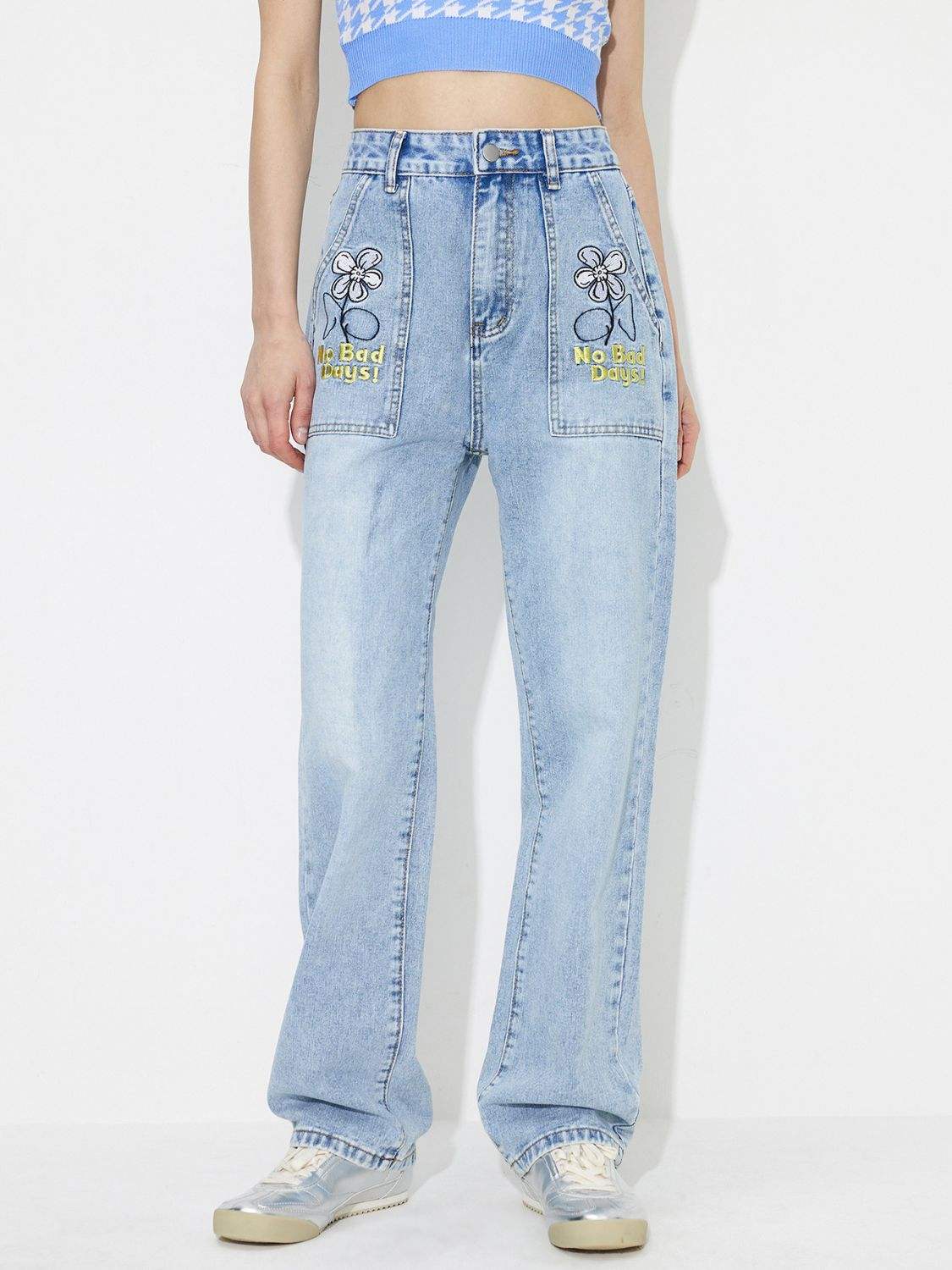 Flower High Rise Straight Leg Jeans with Pockets - Trendsi - Flyclothing LLC