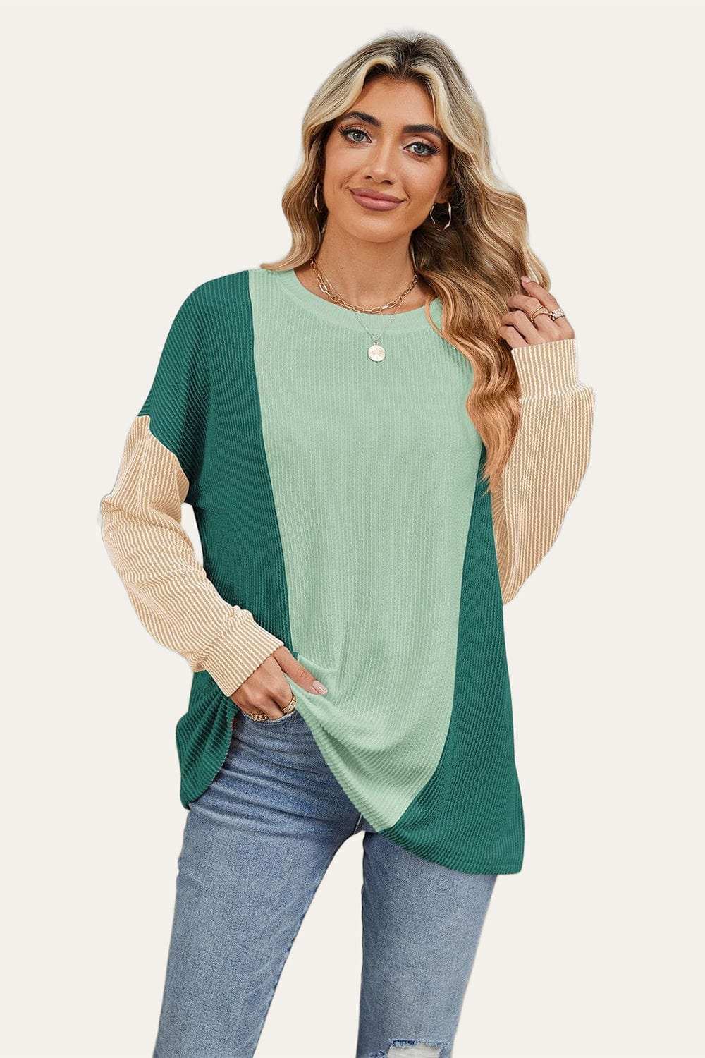 Double Take Texture Contrast Round Neck Long Sleeve T-Shirt - Trendsi - Flyclothing LLC