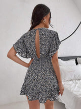 Cutout Ditsy Floral Surplice Flounce Sleeve Dress - Trendsi - Flyclothing LLC