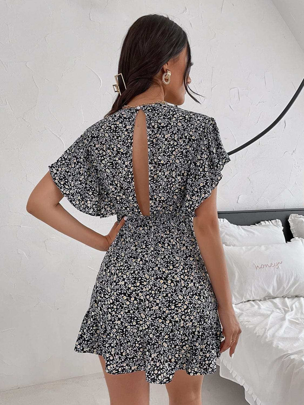 Cutout Ditsy Floral Surplice Flounce Sleeve Dress - Trendsi - Flyclothing LLC