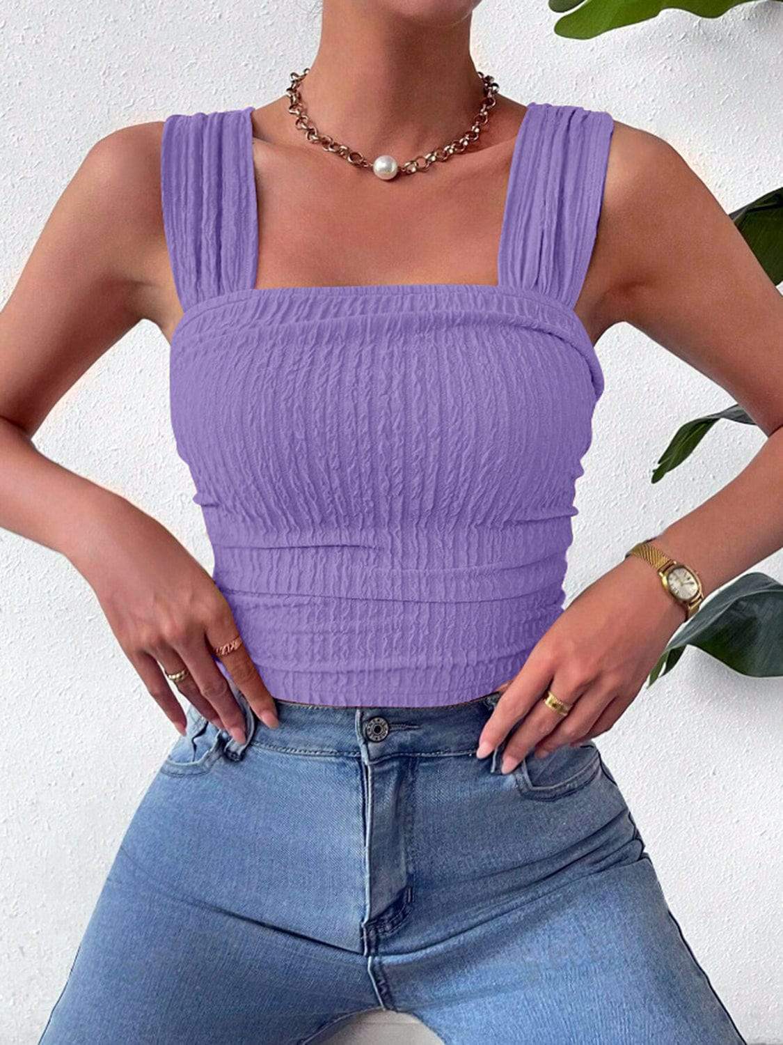 Textured Square Neck Wide Strap Tank - Trendsi - Flyclothing LLC