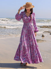 Printed Tie Neck Balloon Sleeve Maxi Dress - Trendsi