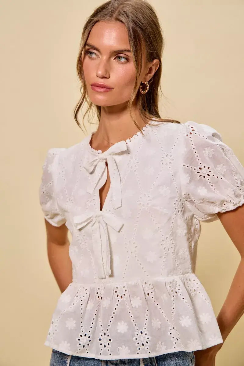 SO ME Cotton Eyelet Front Tie Short Sleeves Blouse - Trendsi - Flyclothing LLC