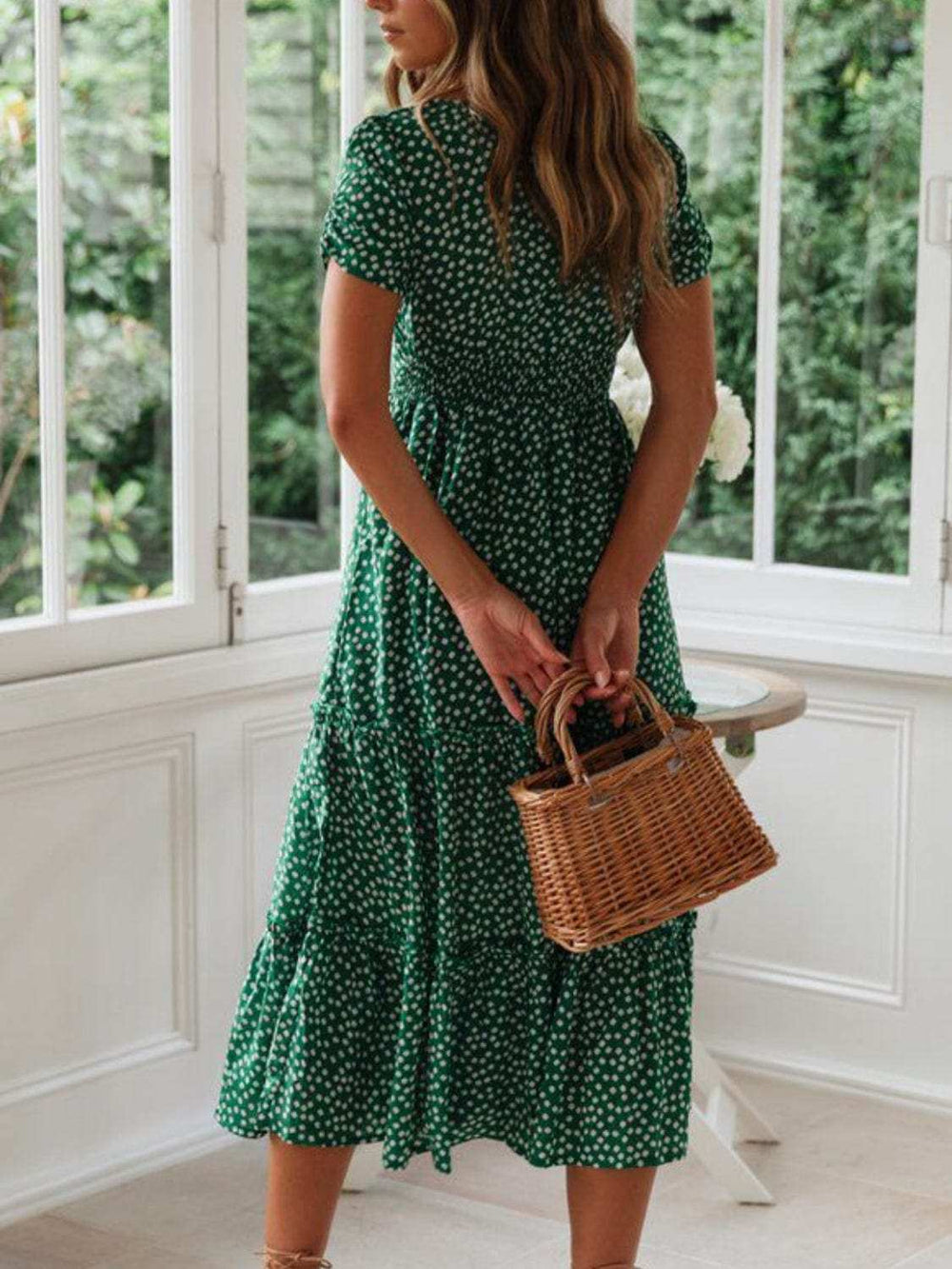 Printed Square Neck Short Sleeve Midi Dress - Trendsi - Flyclothing LLC