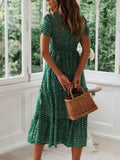 Printed Square Neck Short Sleeve Midi Dress - Trendsi