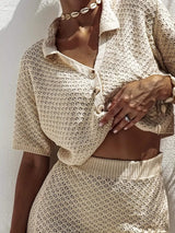 Openwork Button Up Top and Skirt Sweater Set - Trendsi - Flyclothing LLC