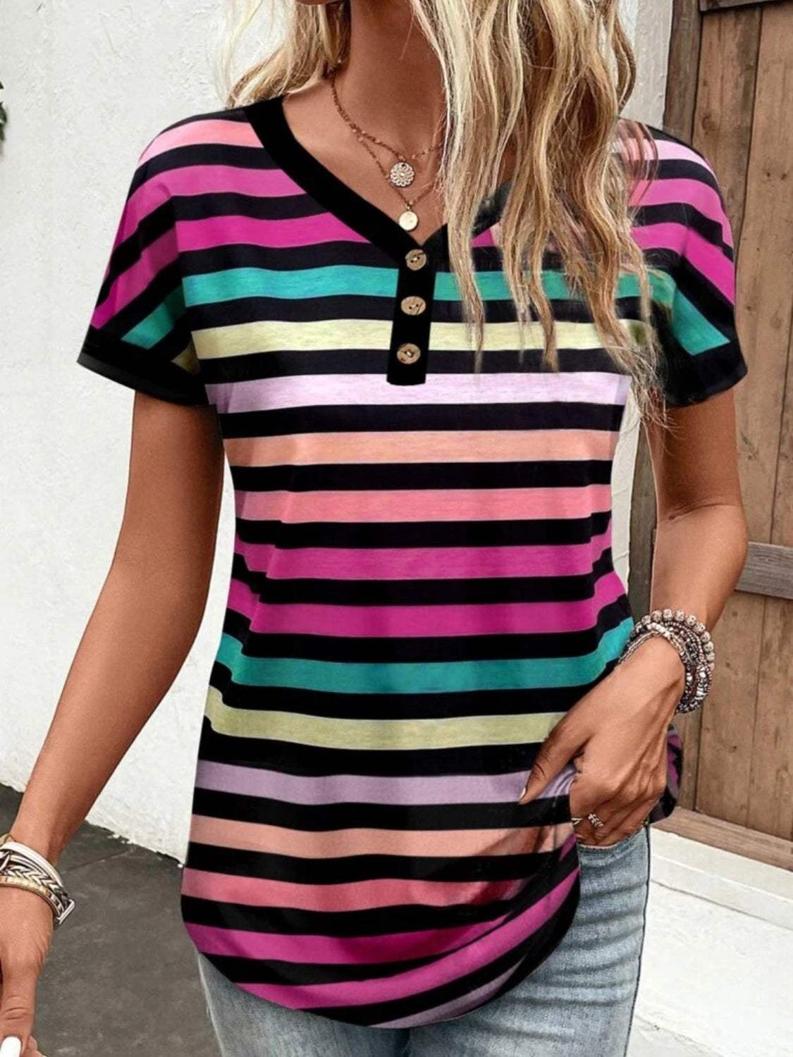 Striped V-Neck Short Sleeve T-Shirt - Trendsi - Flyclothing LLC