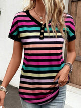 Striped V-Neck Short Sleeve T-Shirt - Trendsi - Flyclothing LLC