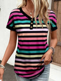 Striped V-Neck Short Sleeve T-Shirt - Trendsi