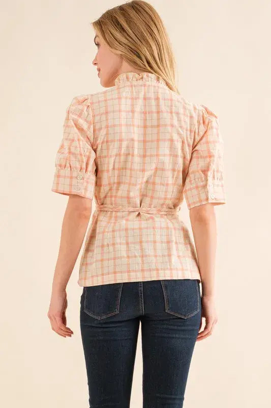 And The Why Plaid Patterned and Ruffled Wrap Blouse Top - Trendsi - Flyclothing LLC
