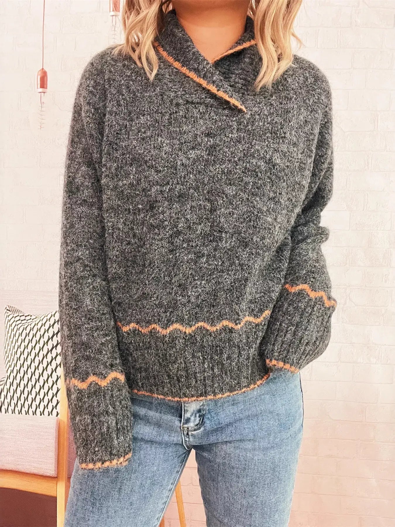 Ribbed Contrast Trim Long Sleeve Sweater - Trendsi - Flyclothing LLC