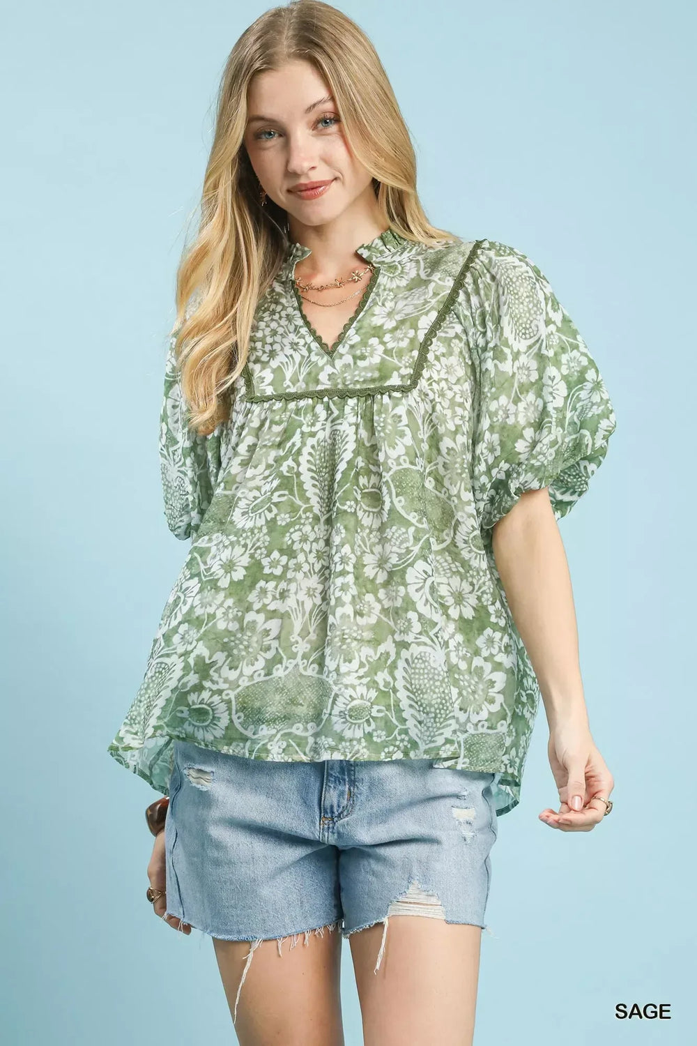 Umgee Abstract Print Ruffled Puff Sleeve Top - Trendsi - Flyclothing LLC