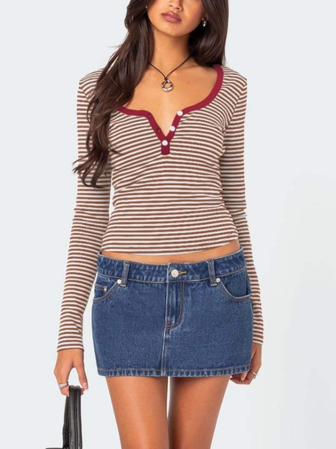 Buttoned Striped Long Sleeve T-Shirt - Trendsi - Flyclothing LLC