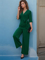 Surplice Half Sleeve Wide Leg Jumpsuit - Trendsi - Flyclothing LLC