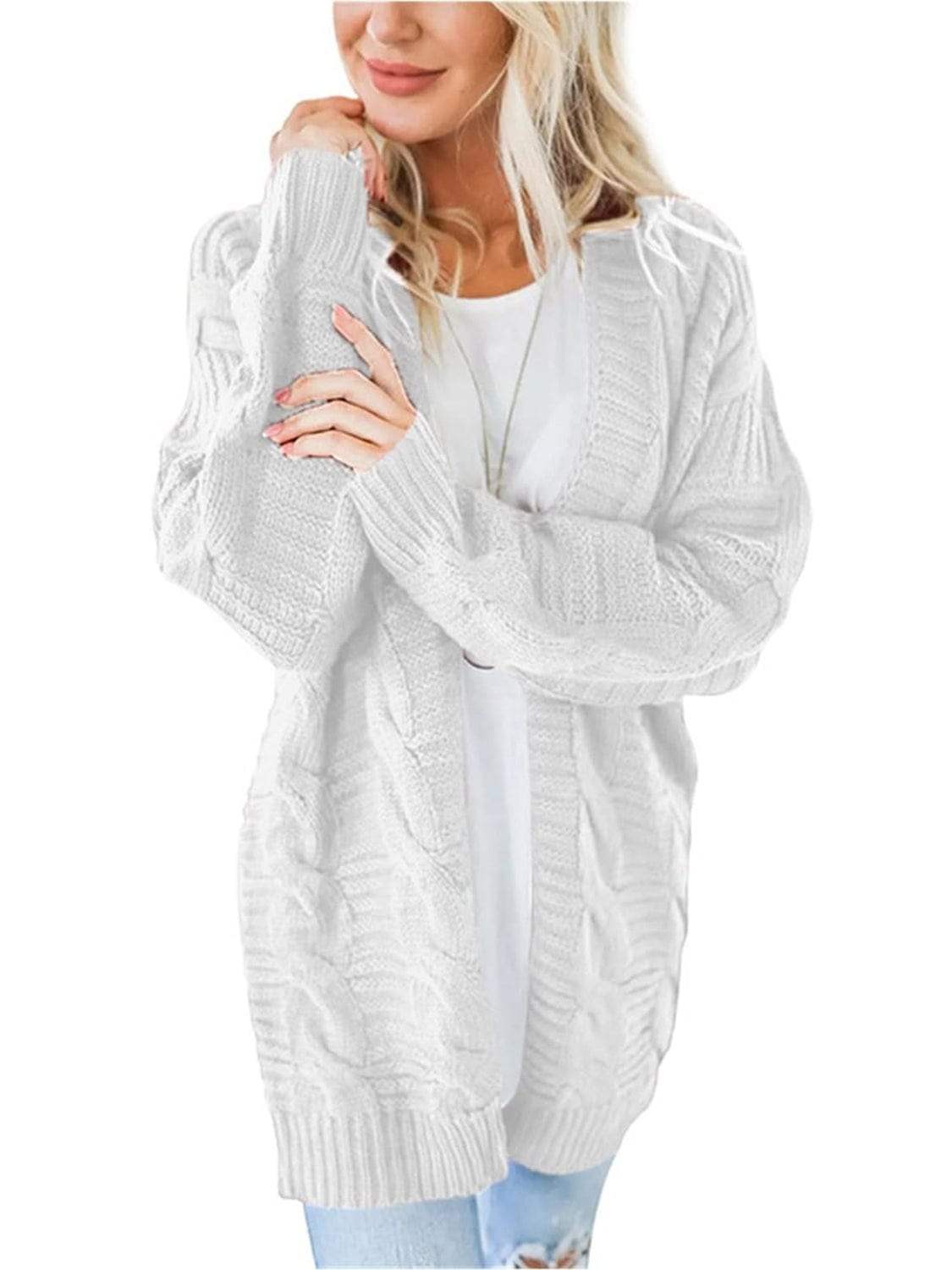 Cable-Knit Open Front Long Sleeve Cardigan - Trendsi - Flyclothing LLC