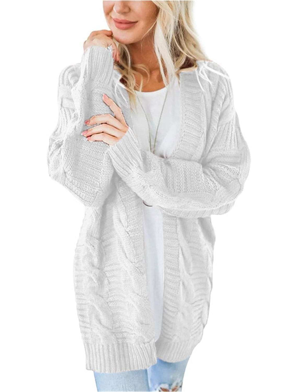 Cable-Knit Open Front Long Sleeve Cardigan - Trendsi - Flyclothing LLC