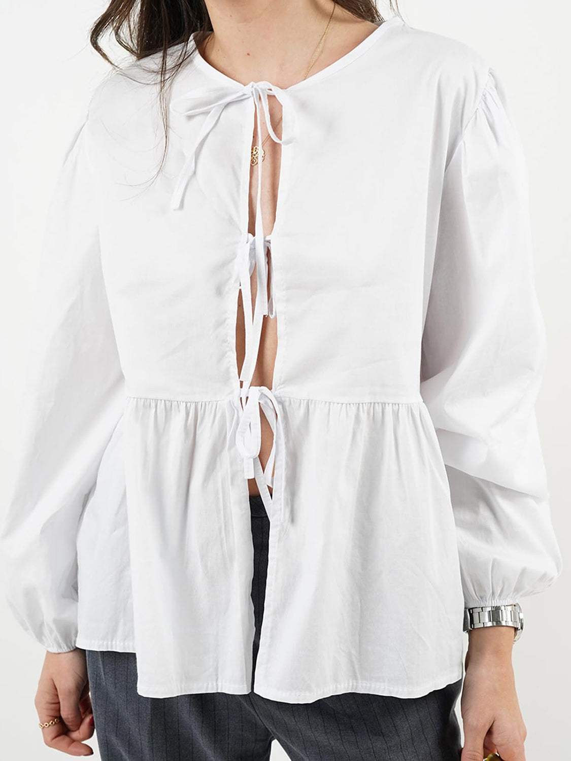 Tied Round Neck Long Sleeve Blouse - Trendsi - Flyclothing LLC
