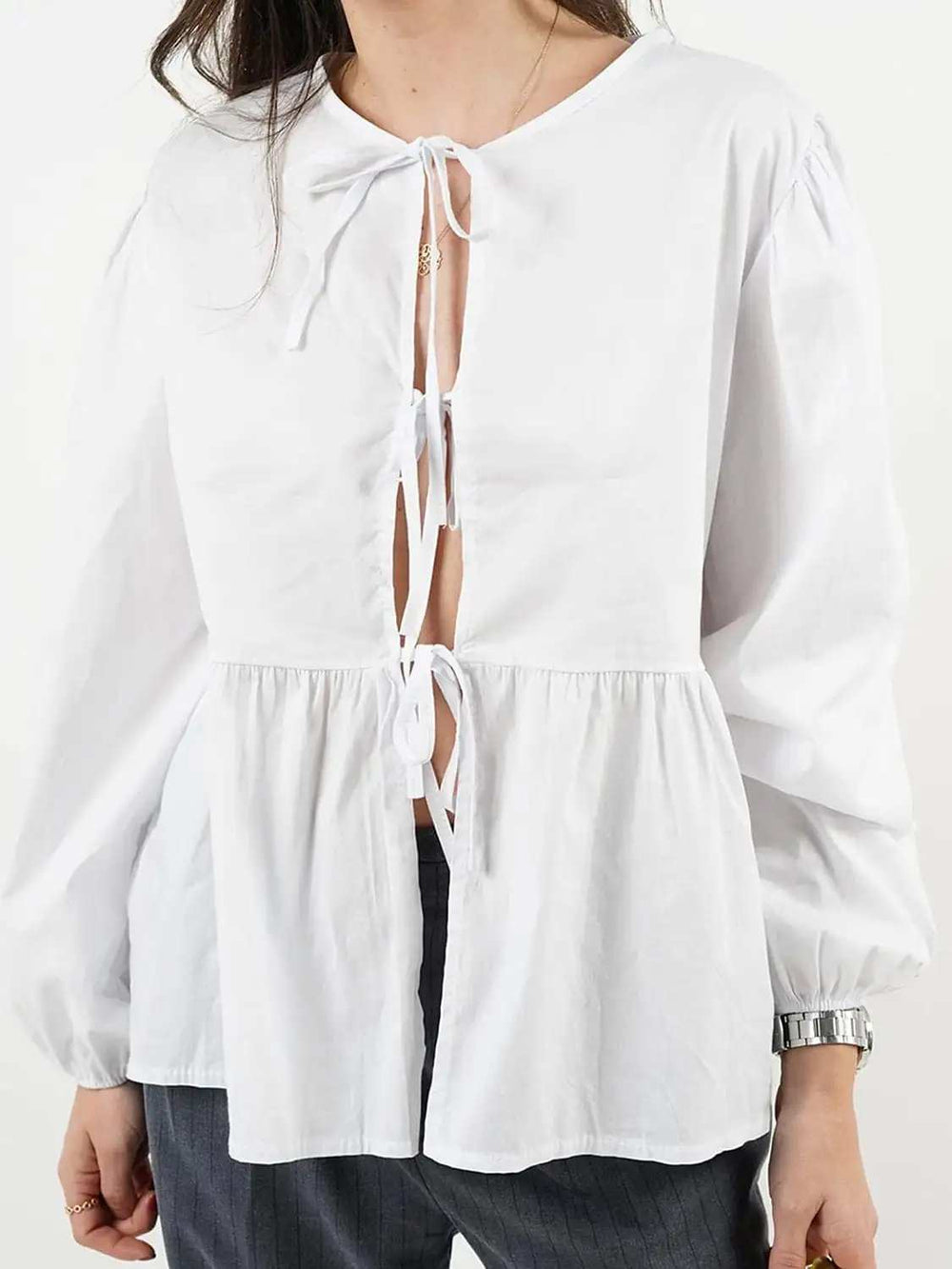 Tied Round Neck Long Sleeve Blouse - Trendsi - Flyclothing LLC