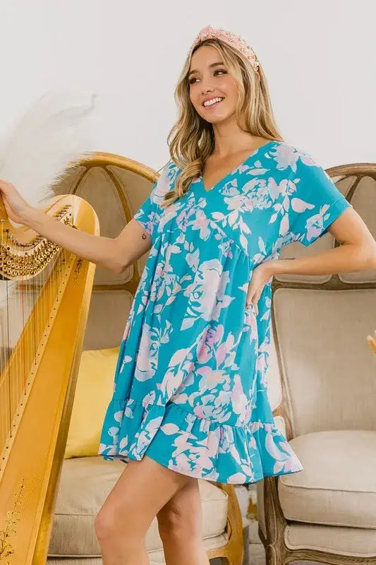 BiBi Floral Crinkle Shirred Ruffle Detail V Neck Dress - Trendsi - Flyclothing LLC