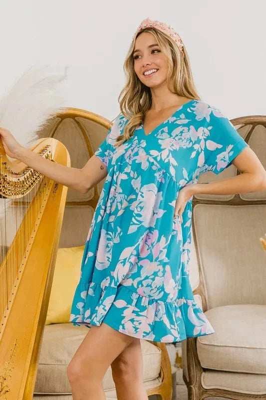 BiBi Floral Crinkle Shirred Ruffle Detail V Neck Dress - Trendsi - Flyclothing LLC