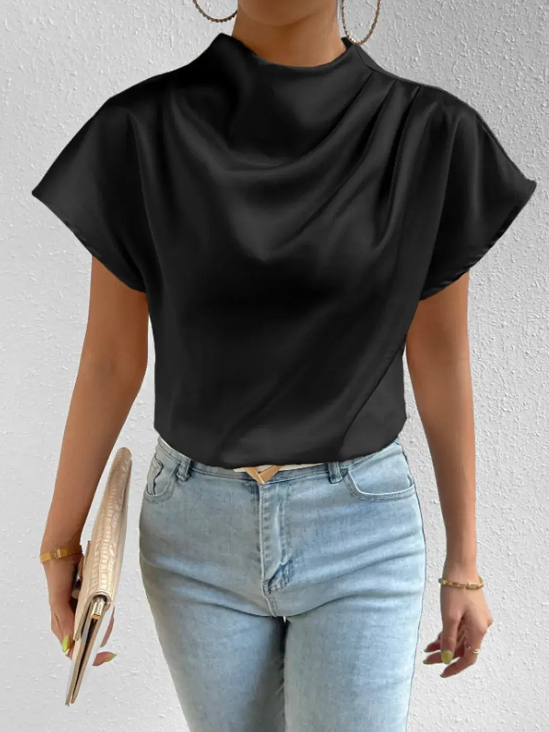Mock Neck Short Sleeve Blouse - Trendsi - Flyclothing LLC