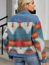 Geometric Button Up Long Sleeve Denim Jacket - Trendsi - Flyclothing LLC