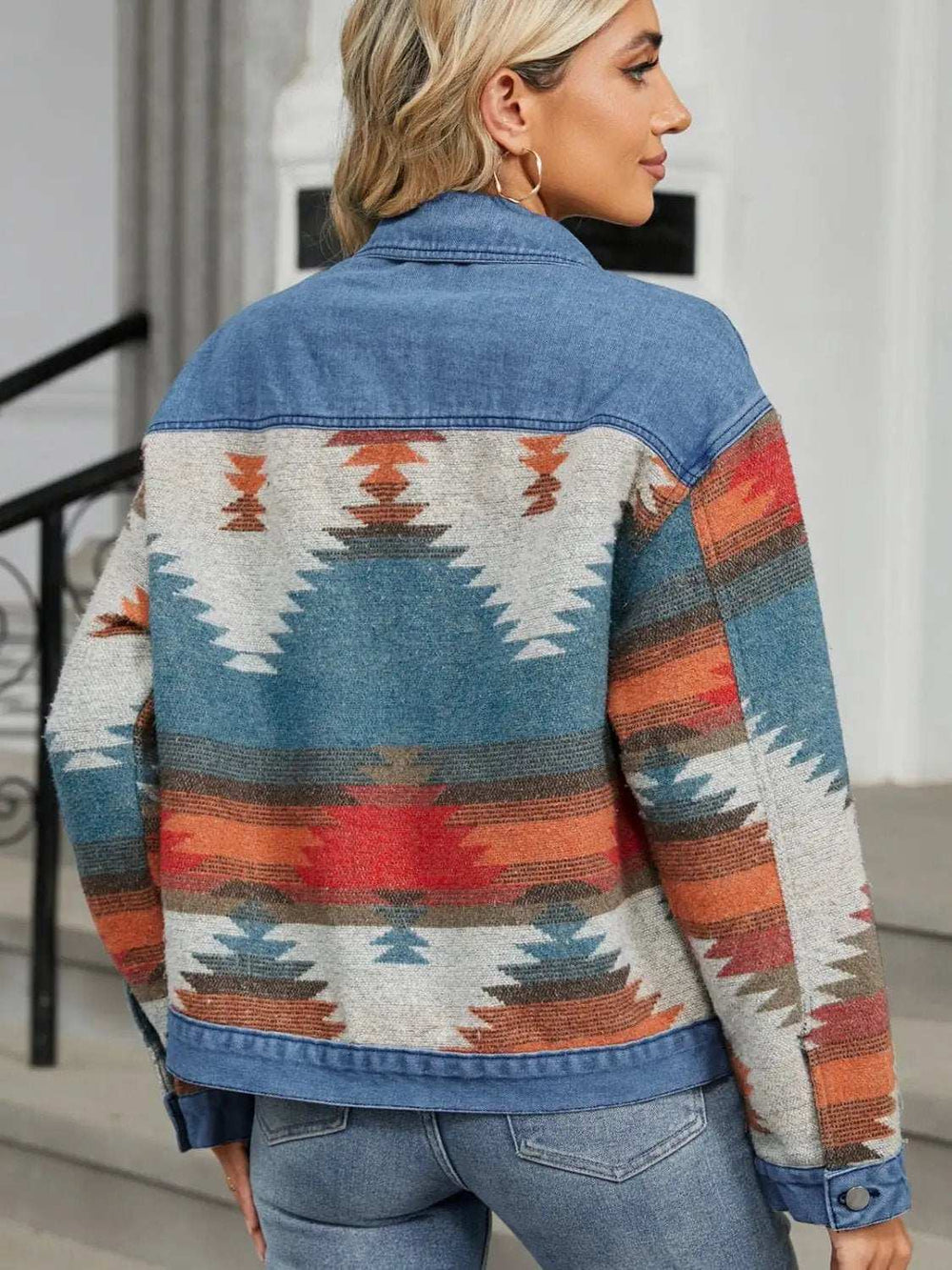 Geometric Button Up Long Sleeve Denim Jacket - Trendsi - Flyclothing LLC