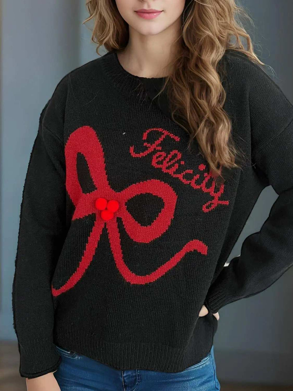 Bow Round Neck Long Sleeve Sweater - Trendsi - Flyclothing LLC