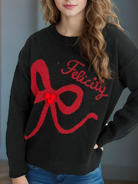 Bow Round Neck Long Sleeve Sweater - Trendsi
