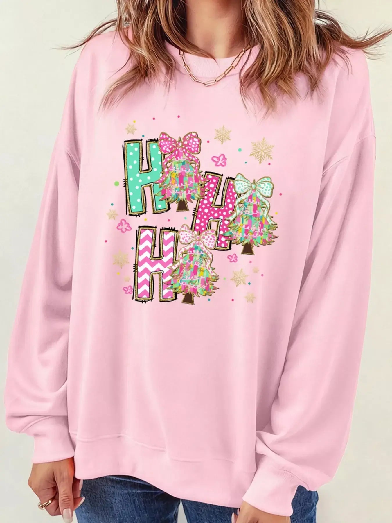 HO HO HO Christmas Tree Graphic Pullover Sweatshirt - Trendsi - Flyclothing LLC
