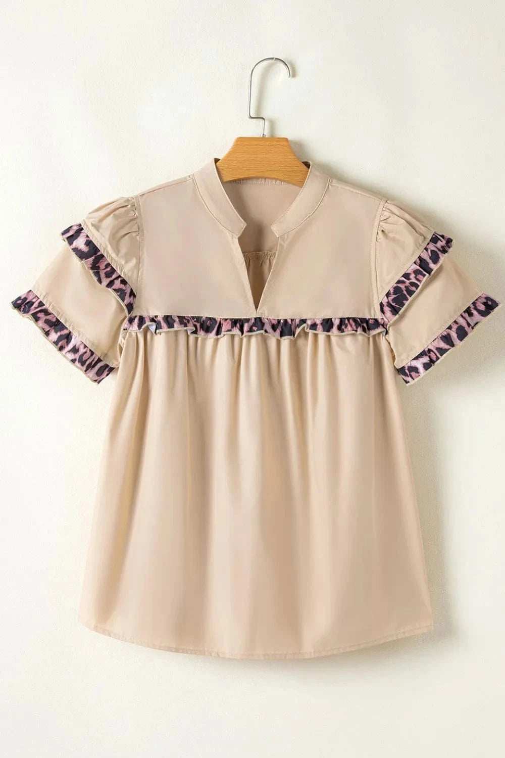 Leopard Frill Short Sleeve Blouse - Trendsi - Flyclothing LLC
