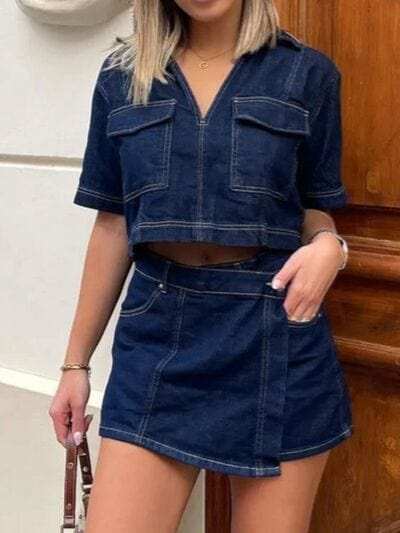 Johnny Collar Short Sleeve Top and Skort Denim Set - Trendsi - Flyclothing LLC