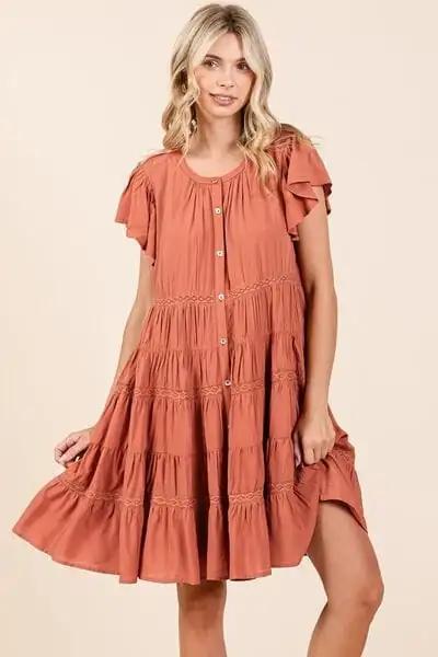 Mittoshop Lace Detail Ruffled Button Down Tiered Dress - Trendsi