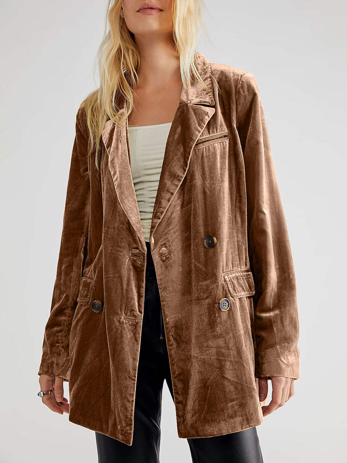 Lapel Collar Long Sleeve Blazer with Pockets - Trendsi - Flyclothing LLC