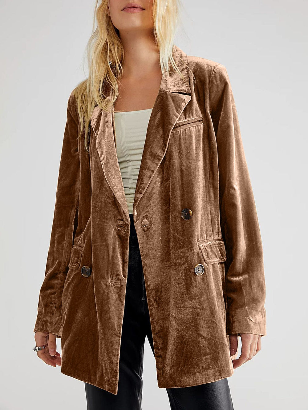 Lapel Collar Long Sleeve Blazer with Pockets - Trendsi