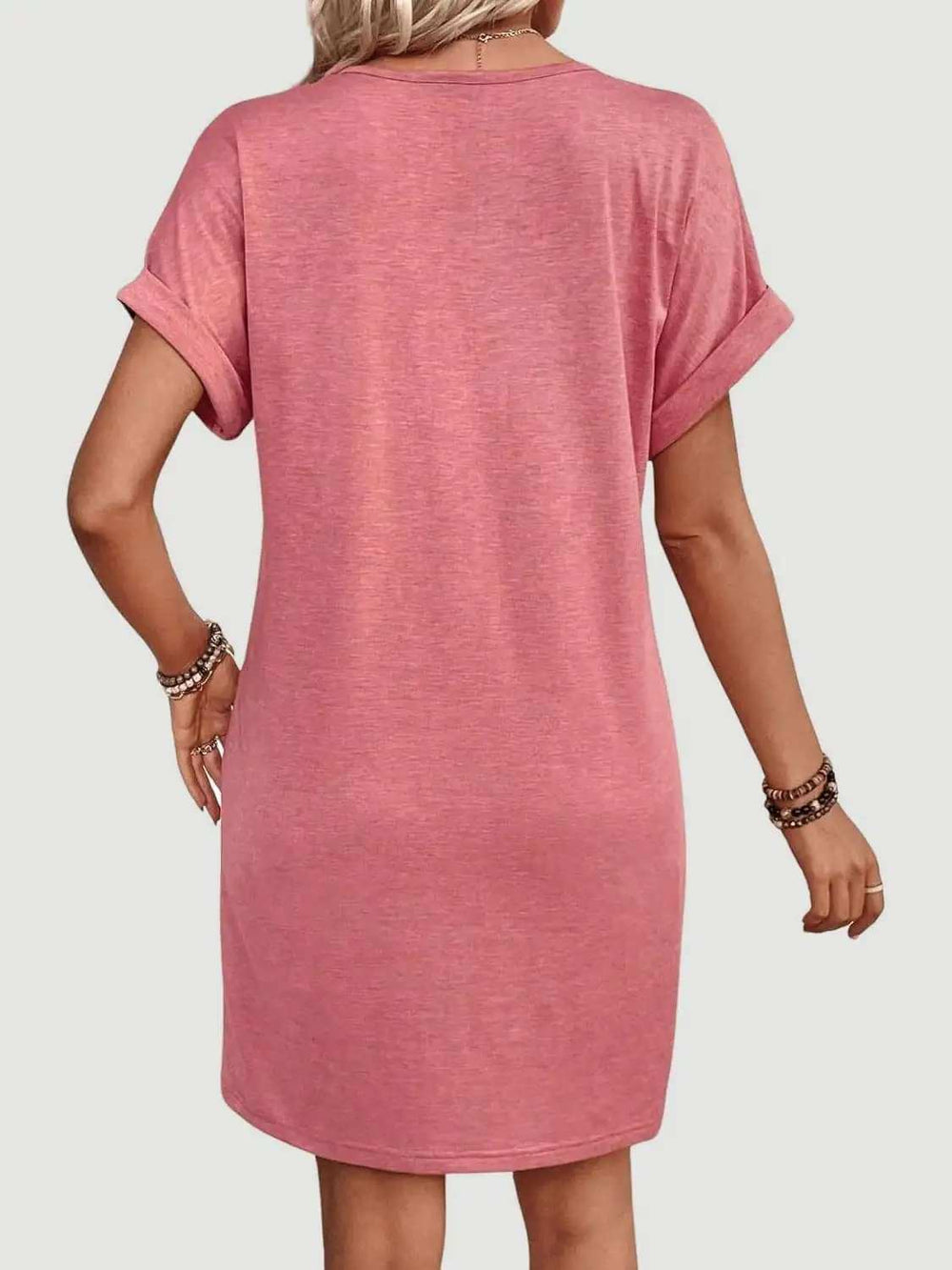 Quarter Button V-Neck Short Sleeve Dress - Trendsi - Flyclothing LLC