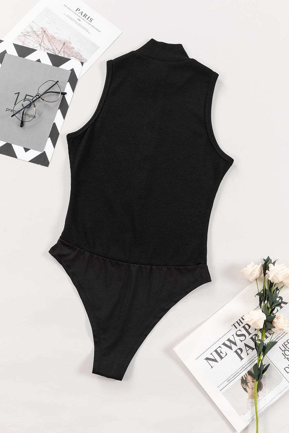 Zip Up Mock Neck Sleeveless Bodysuit - Trendsi - Flyclothing LLC