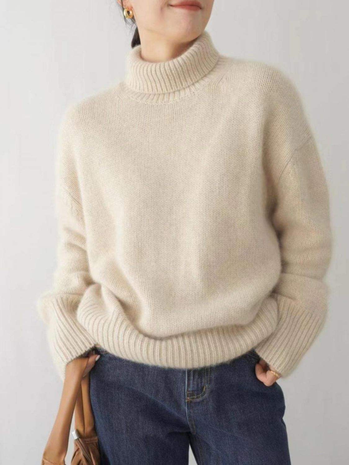 Turtleneck Dropped Shoulder Long Sleeve Sweater - Trendsi - Flyclothing LLC