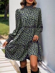 Frill Printed Mock Neck Long Sleeve Mini Dress - Trendsi