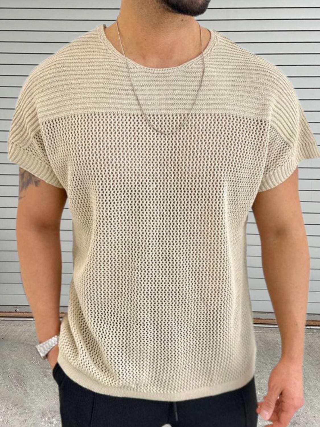 Men's Eyelet Round Neck Short Sleeve T-Shirt - Trendsi - Flyclothing LLC