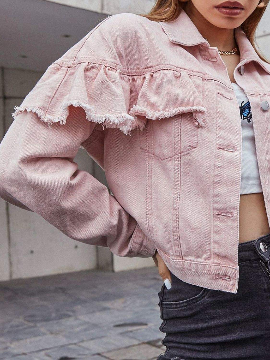 Ruffled Collared Neck Long Sleeve Denim Top - Trendsi - Flyclothing LLC