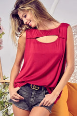 BiBi Rayon Span Knit With Cut Out Front Sleeveless Top - Trendsi - Flyclothing LLC