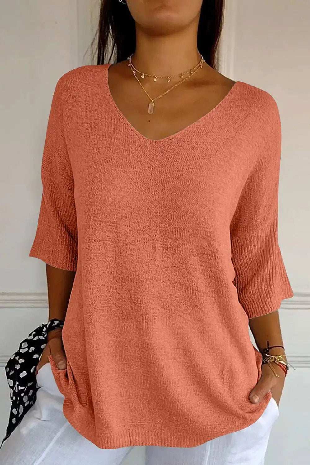 V-Neck Three-Quarter Sleeve Knit Top - Trendsi - Flyclothing LLC