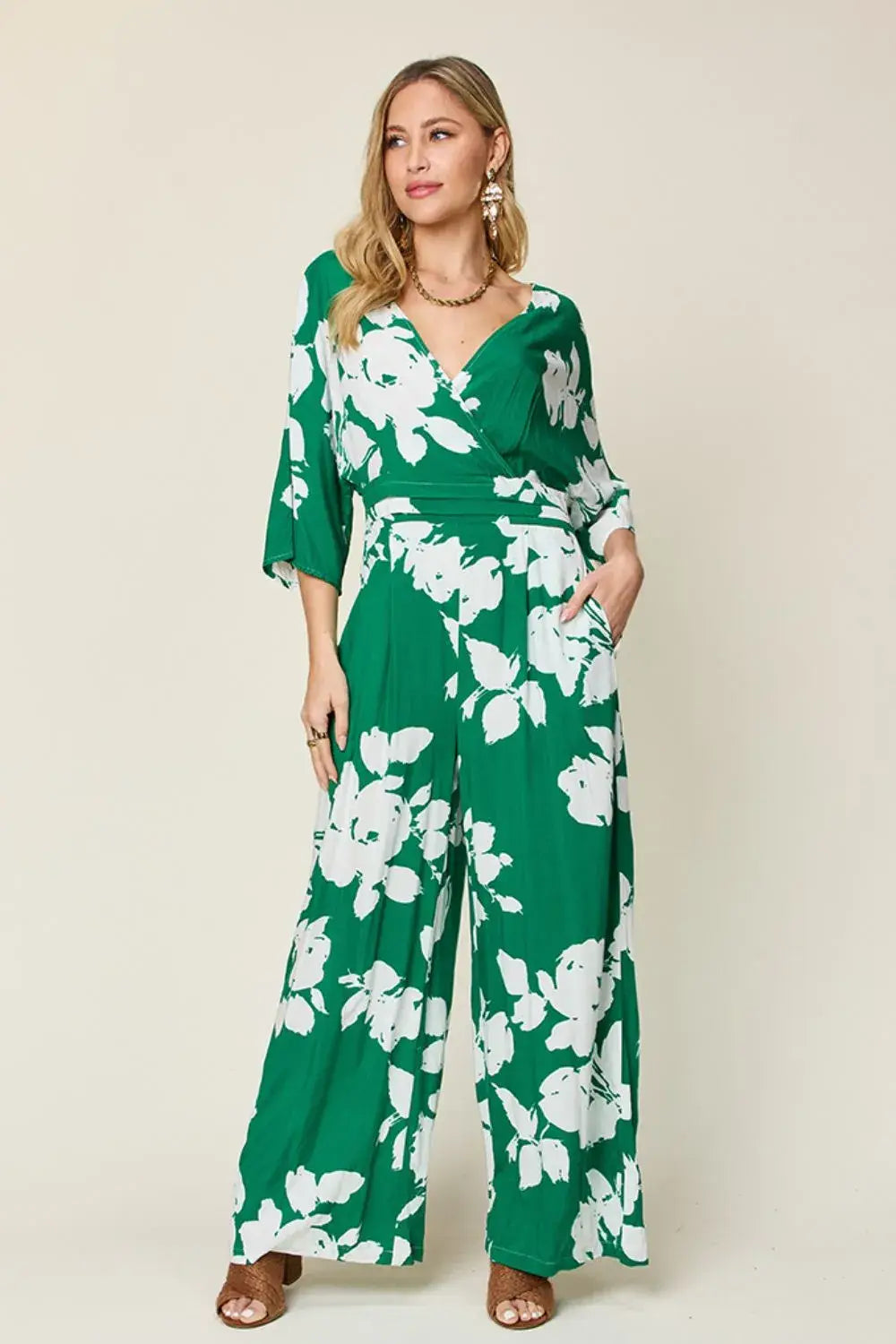 Double Take Full Size Printed Tie Back Wide Leg Jumpsuit - Trendsi - Flyclothing LLC