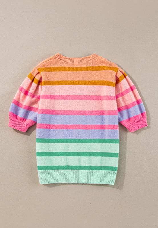 Striped Round Neck Half Sleeve Sweater - Trendsi - Flyclothing LLC