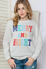 Full Size MERRY AND BRIGHT Cable Knit Pullover Sweatshirt - Trendsi - Flyclothing LLC