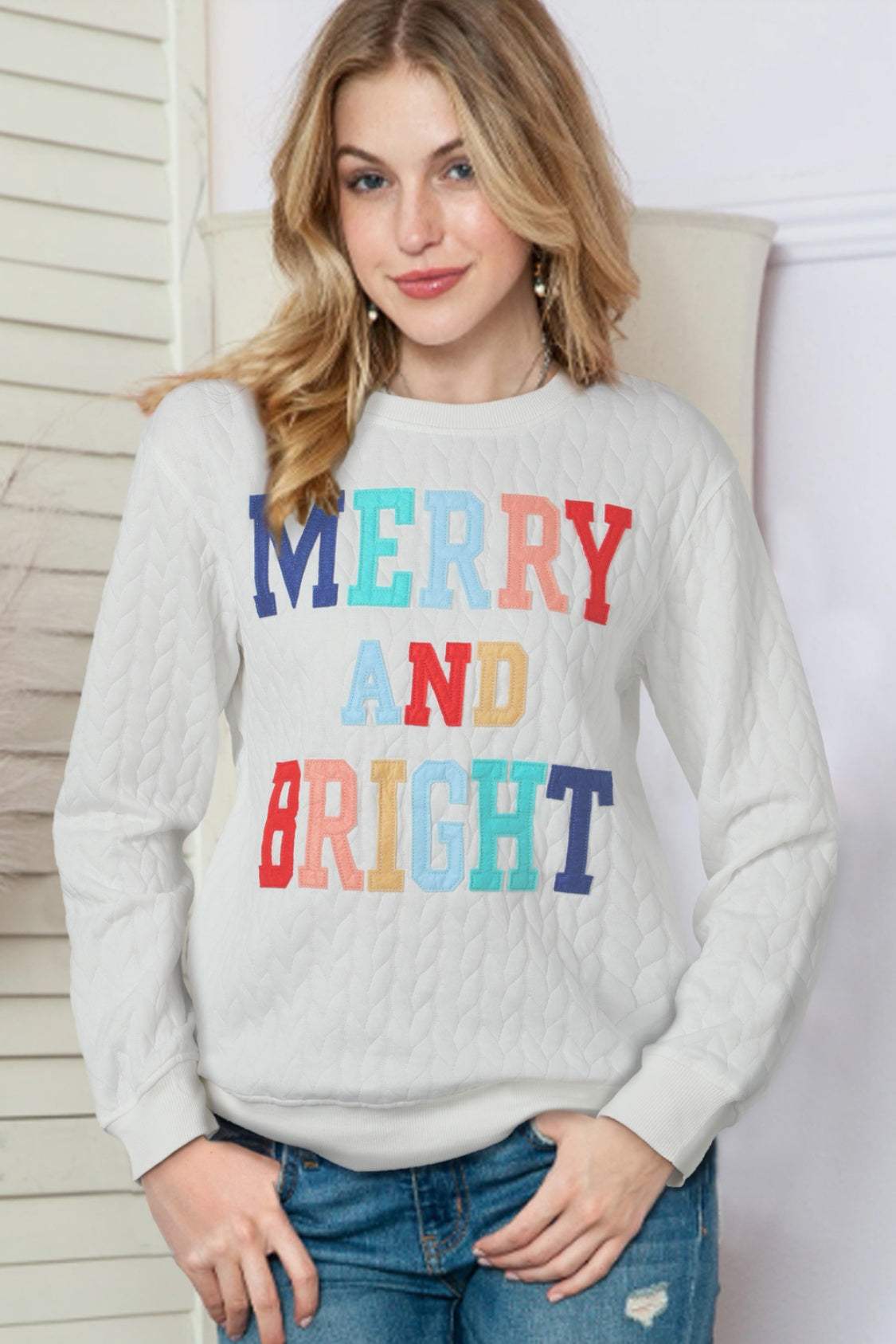 Full Size MERRY AND BRIGHT Cable Knit Pullover Sweatshirt - Trendsi - Flyclothing LLC