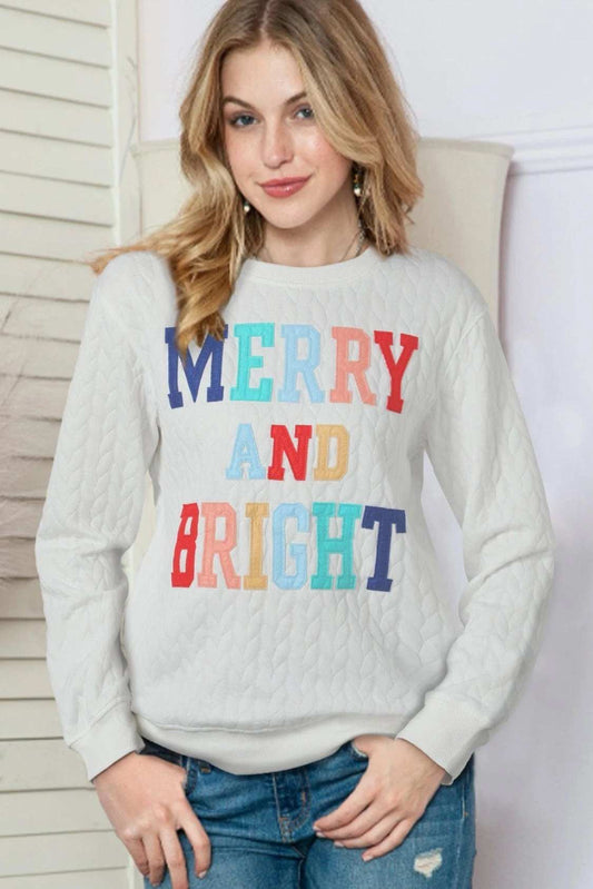 Full Size MERRY AND BRIGHT Cable Knit Pullover Sweatshirt - Trendsi - Flyclothing LLC