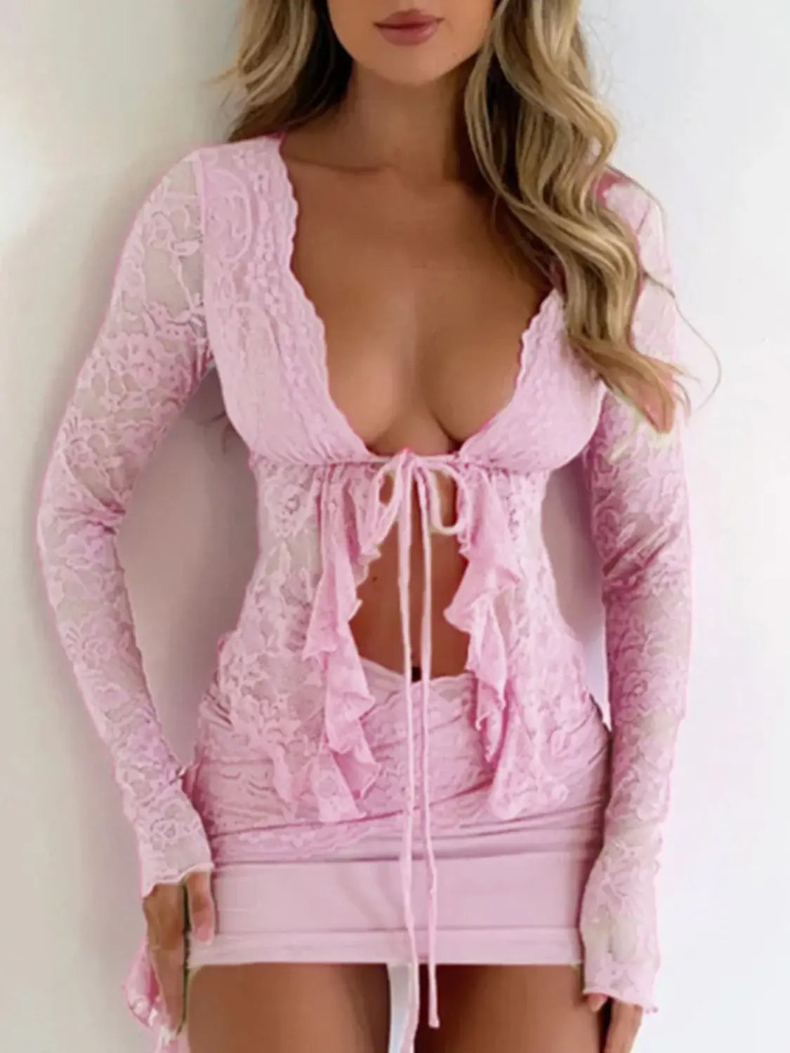 Devine Tied Front Ruffled Long Sleeve Lace Shirt - Trendsi - Flyclothing LLC